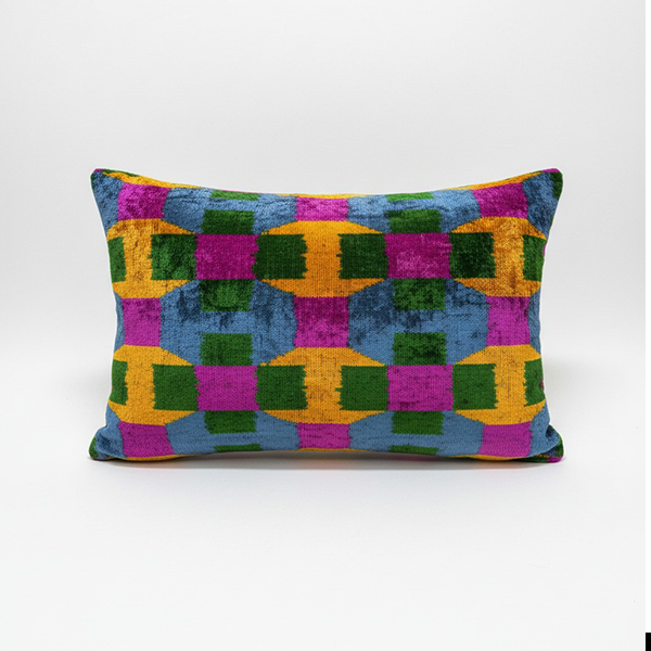 Handmade 40x60cm multicolor geometric Ikat velvet pillow in blue, yellow, green and magenta, 16x24 inch decorative cushion cover
