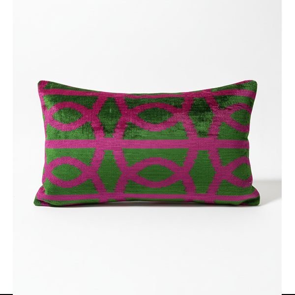 Handmade 40x60cm green and magenta geometric Ikat velvet pillow, 16x24 inch decorative rectangular cushion cover.