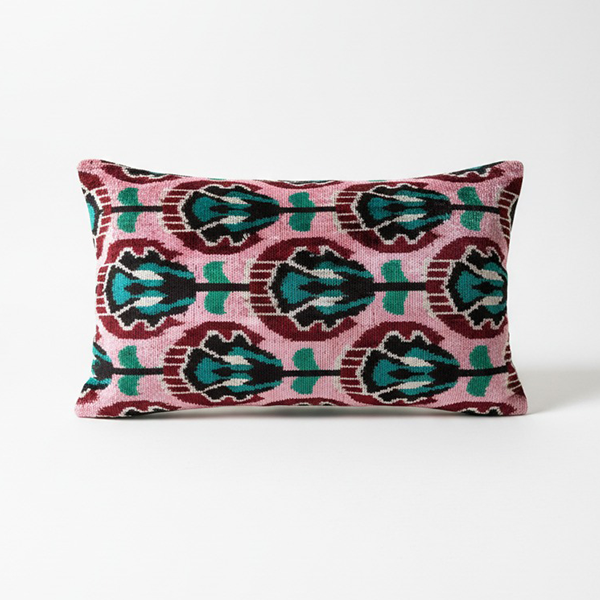 Handmade 40x60cm Ikat velvet pillow with pink and green pattern, 16x24 inch decorative cushion.