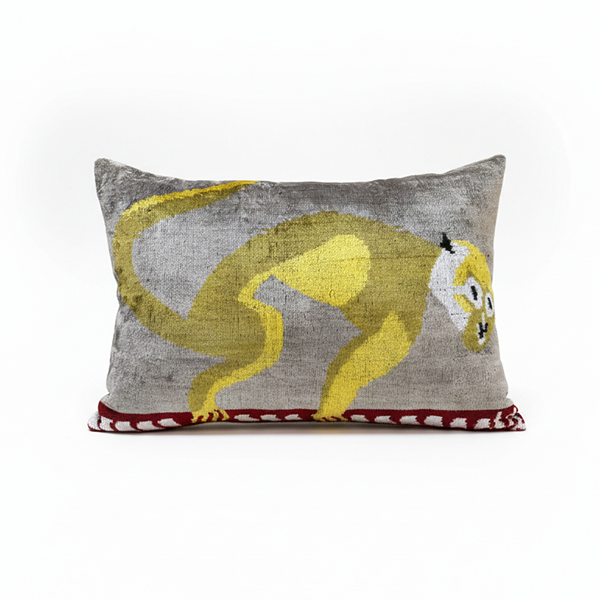 Handmade 40x60cm Ikat velvet pillow with yellow monkey design, 16x24 inch decorative cushion