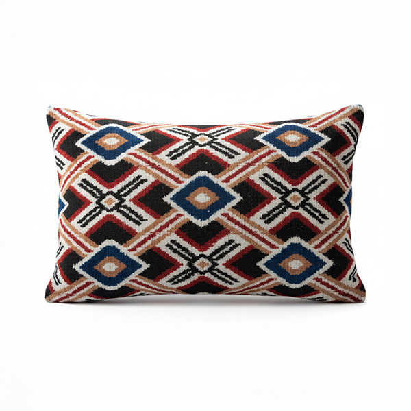 16x24 inch handmade Ikat velvet pillow with tribal diamond geometric design in red, black, and blue (40x60cm).