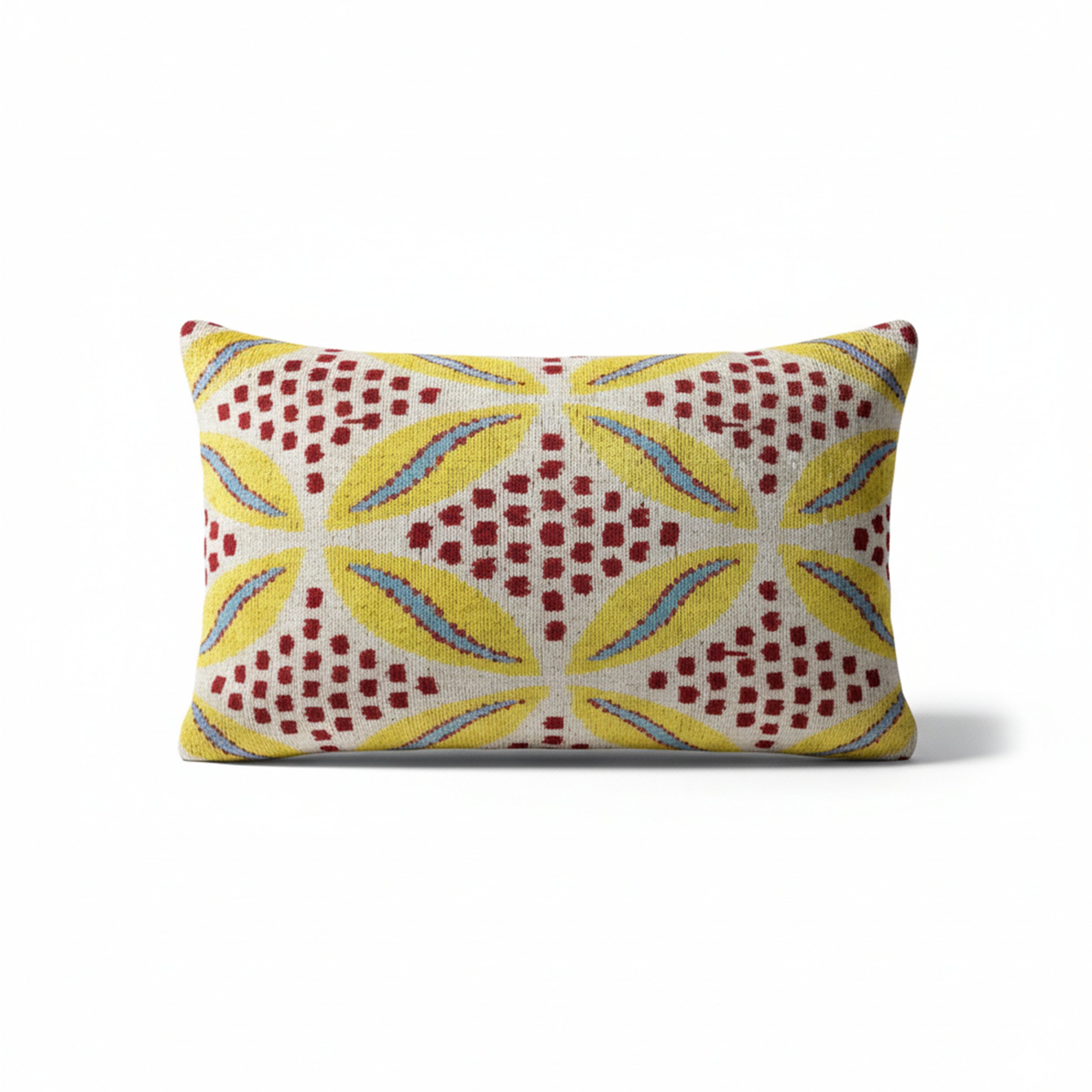 16x24 inch handmade Ikat velvet pillow with yellow, red, and blue floral geometric pattern (40x60cm).