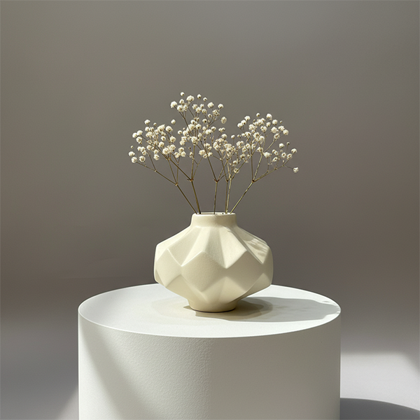 Handmade geometric ceramic vase 15x22 cm (6x9 inch) from Cappadocia with matte beige finish, inspired by Feng Shui minimalism